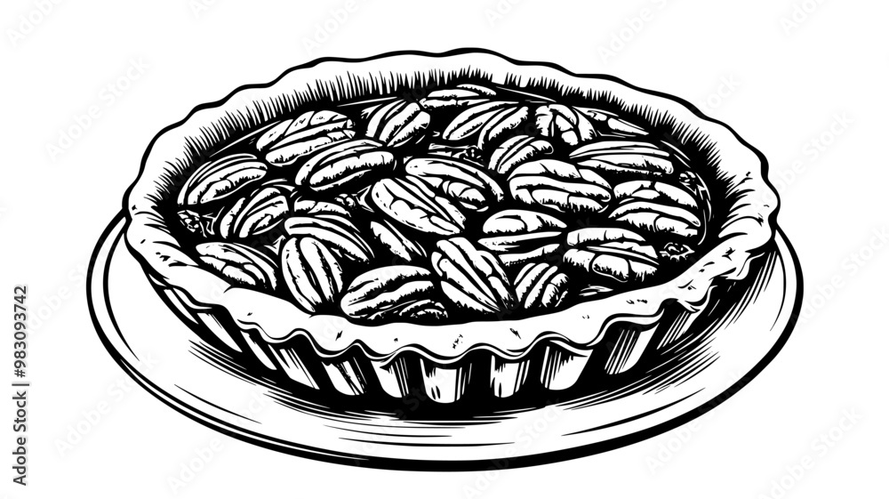 Pie with deep filling of pecans, resting on a simple white plate, ready to serve, food vector graphic Pie with deep filling of pecans, resting on a simple white plate, ready to serve, food vector graphic