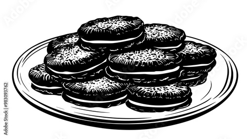 Pile of shortbread cookies on a round dessert plate, food vector illustration