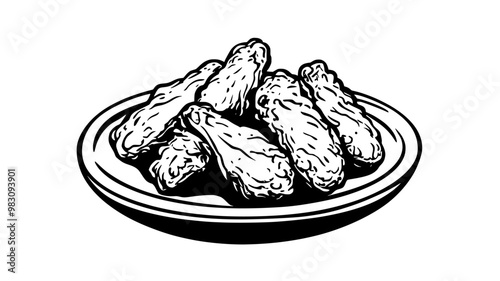 Plate filled with fried chicken drumsticks arranged in a circular pattern, food illustration vector