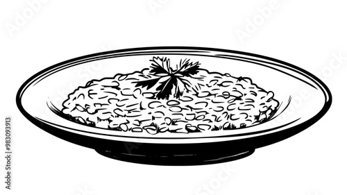 Creamy risotto in a wide, shallow bowl with a simple garnish on top, food vector graphic