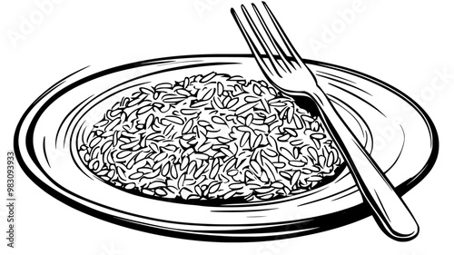 Plate of pilaf in a shallow dish with a fork beside it, food illustration vector