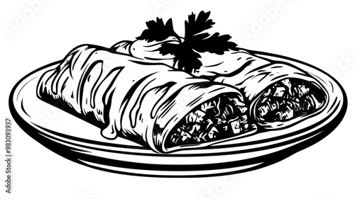 Plate of enchiladas with a slice removed, showing the filling inside, with sauce on top, food illustration vector