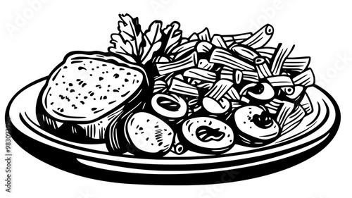 Pasta salad with vegetables dressed on a white plate, food illustration vector