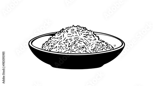 Pilaf in a flat, round dish with visible grains and simple garnish, food vector graphic
