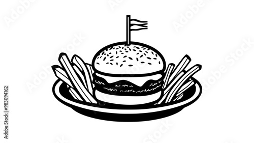 Burger in the center with fries around on a plate, food illustration vector