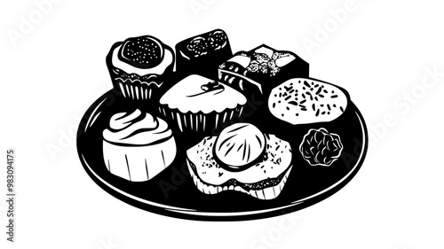 Plate with assorted pastries displayed on a wooden surface, food vector illustration