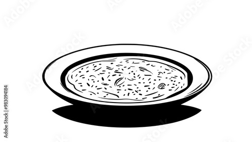 Plate of risotto with creamy consistency, centered on a round, white dish, food vector illustration