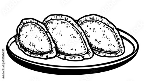 Plate with four beef empanadas arranged in a neat row, food vector illustration