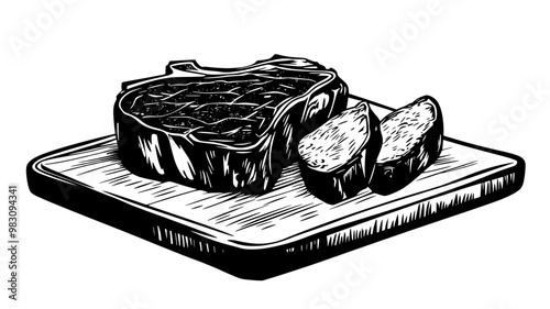 Ribeye steak partially sliced on a cutting board, with the rest beside it, food illustration vector