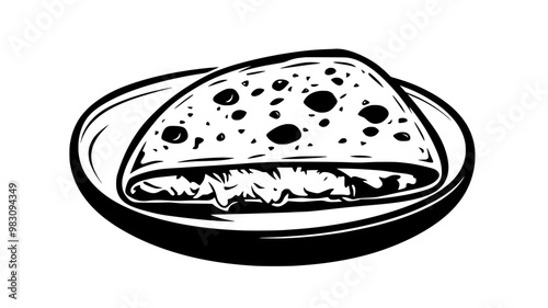 Quesadilla resting on a plate, cut into quarters, with visible cheese filling, food illustration vector