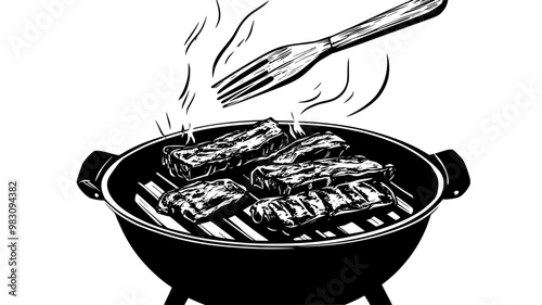 Ribs being basted with sauce while grilling over coals, food vector graphic