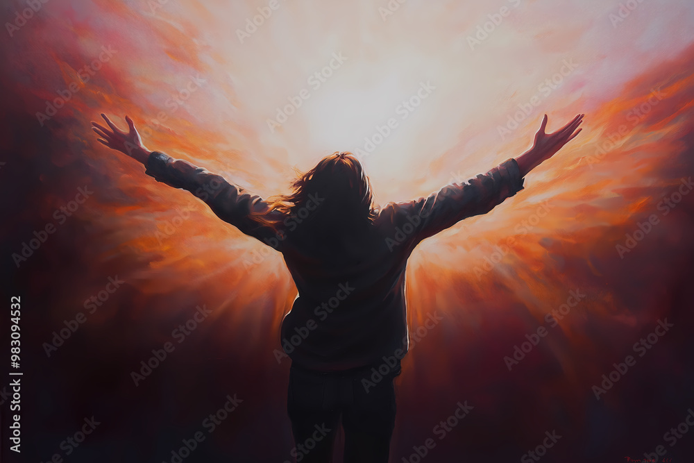 A person with arms outstretched in a gesture of devotion or adoration, facing a luminous background. Perfect for illustrating themes of spirituality, faith or personal connection with a higher power. A person with arms outstretched in a gesture of devotion or adoration, facing a luminous background. Perfect for illustrating themes of spirituality, faith or personal connection with a higher power.