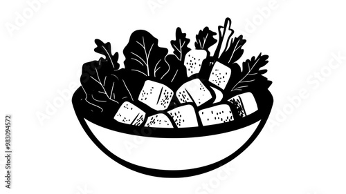 Salad bowl with romaine lettuce, croutons, parmesan, and Caesar dressing, food illustration vector