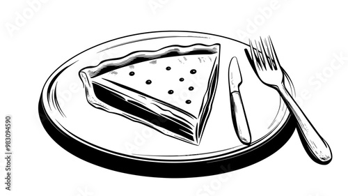 Quiche slice on a plate with a small bowl of garnish beside it, food vector graphic