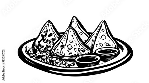 Samosas on a platter with sauces and herbs, food vector illustration