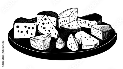 Various cheeses displayed neatly on a round serving platter, food illustration vector