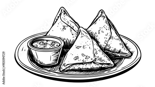 Samosas with chutney on a white plate, food vector graphic