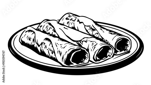 Serving of enchiladas on a plate, with sauce evenly distributed over each rolled tortilla, food vector graphic