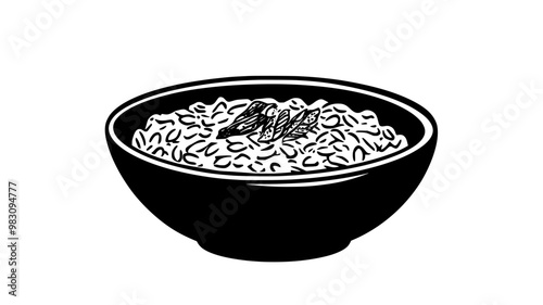 Risotto with visible ingredients served on a wide, flat ceramic dish, food vector graphic