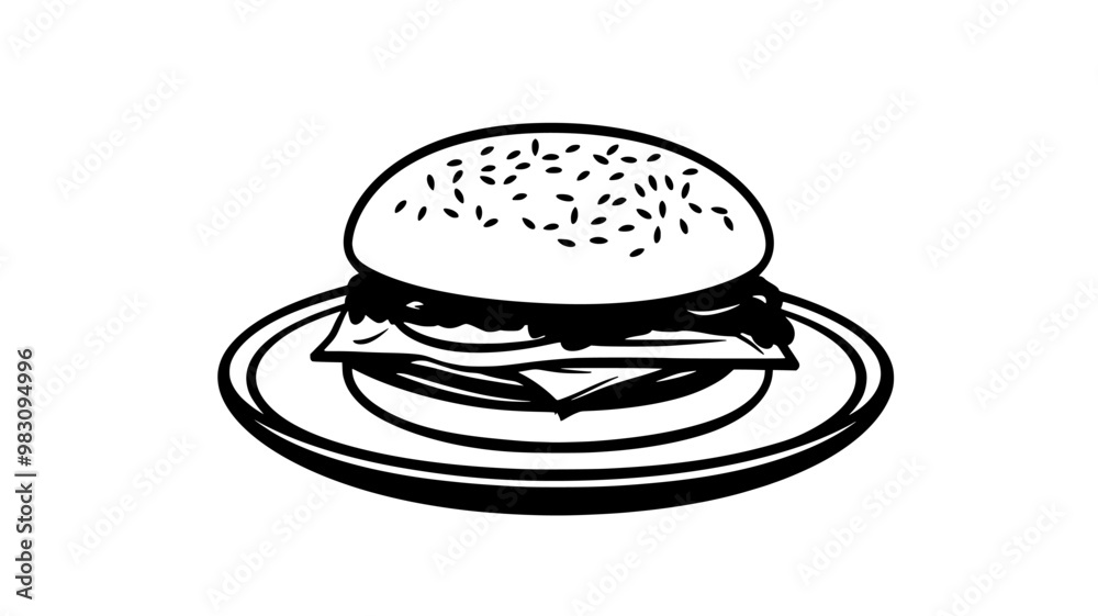 Single chicken sandwich on a round plate, centered, food illustration vector