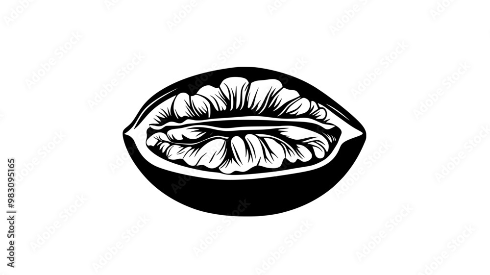Single walnut half centered on a smooth, flat surface, food illustration vector Single walnut half centered on a smooth, flat surface, food illustration vector