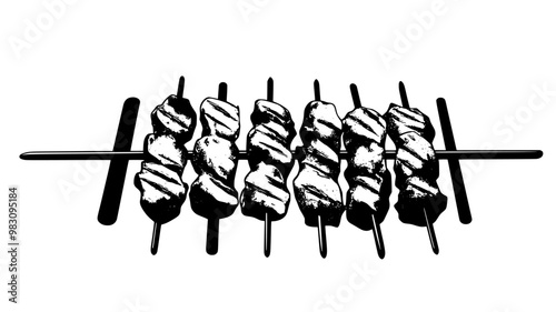 Skewered chicken pieces on a grill, all turned at a uniform angle, food illustration vector