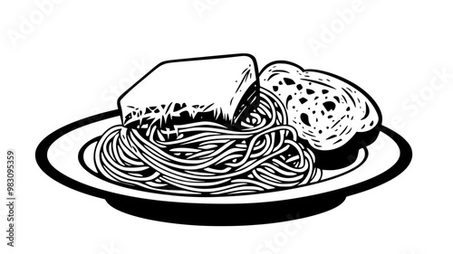 Spaghetti noodles with marinara sauce and grated cheese, served on a plate with breadsticks, food vector graphic