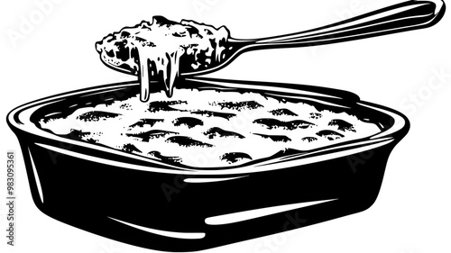 Spoonful of casserole being lifted, showing layers, food vector illustration