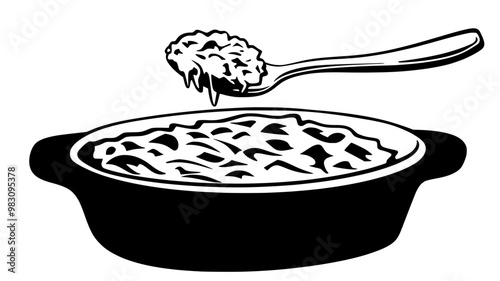 Spoonful of casserole being lifted, showing layers, food illustration vector