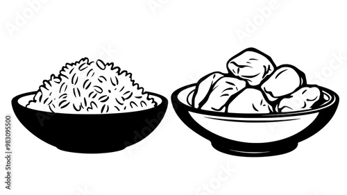 Sweet and sour chicken arranged next to rice on a dining table, food vector graphic