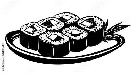 Sushi rolls sliced on a serving platter with visible seaweed and rice, food illustration vector