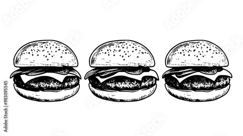 Beef sliders with cheese and pickles on mini buns, side by side, food vector illustration