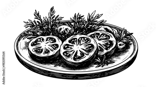 Tomato bruschetta arranged symmetrically on a circular platter with herbs, food vector graphic