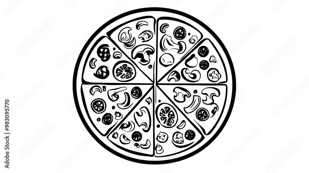 Vegetarian pizza with sliced vegetables symmetrically arranged on the surface, food illustration vector Vegetarian pizza with sliced vegetables symmetrically arranged on the surface, food illustration vector