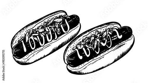 Pair of veggie dogs with plant-based sausages and classic condiments, food illustration vector
