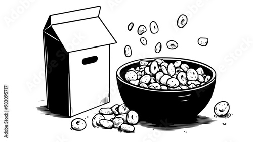 Unopened cereal box next to an overflowing bowl of cereals and a few scattered pieces, food vector illustration