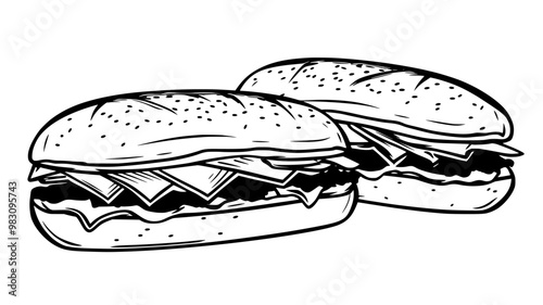 Two sub sandwiches side by side, filled with a mix of meat, cheese, and vegetables, food illustration vector