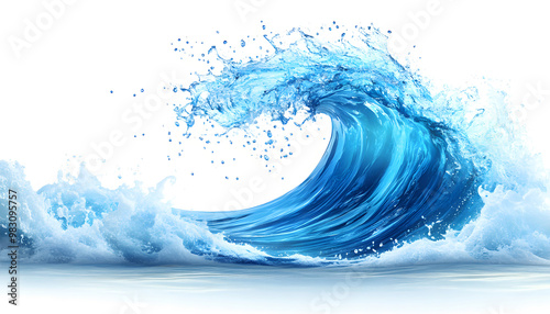 Powerful Ocean Wave - Blue Water Splash on White Background