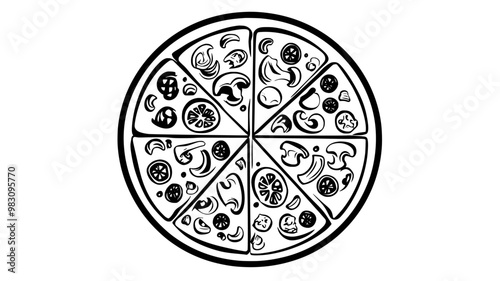 Vegetarian pizza with sliced vegetables symmetrically arranged on the surface, food illustration vector