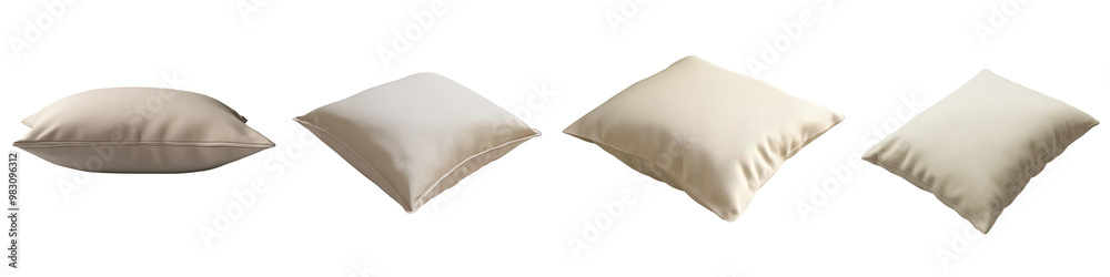 Four decorative pillows, beige fabric, soft texture, isolated on a transparent background. Four decorative pillows, beige fabric, soft texture, isolated on a transparent background.