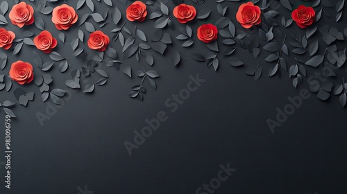 A rich black background adorned with vibrant red roses and detailed black leaves on the edges creates a striking wallpaper ideal for various design projects