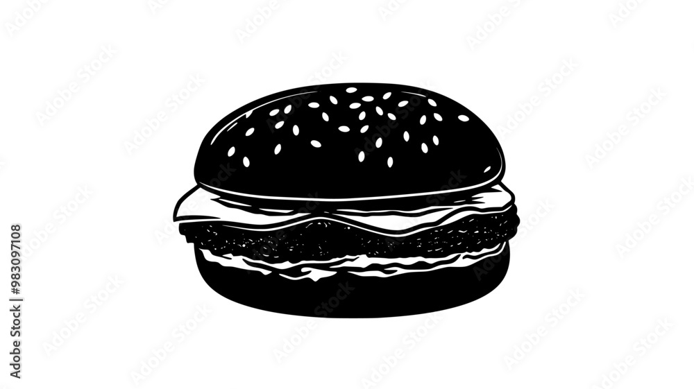 Assembled chicken burger, lying flat on a clean background, food vector graphic Assembled chicken burger, lying flat on a clean background, food vector graphic