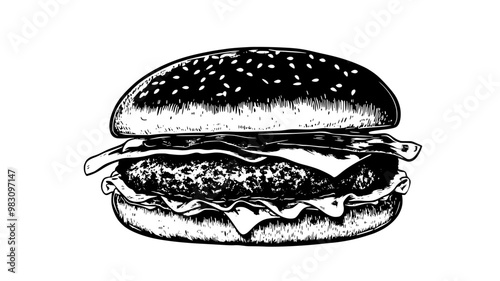 Assembled burger with a chicken patty, resting on a flat surface, food illustration vector