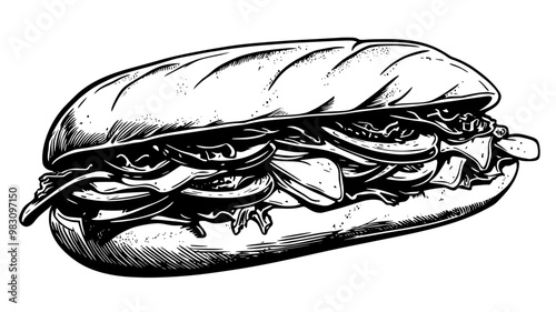 Italian sub partially open, showing combination of deli meats, cheese, and vegetables, food vector illustration