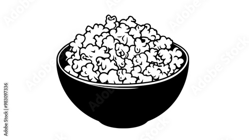 Bowl filled with flavored popcorn, with individual kernels visibly coated, food illustration vector