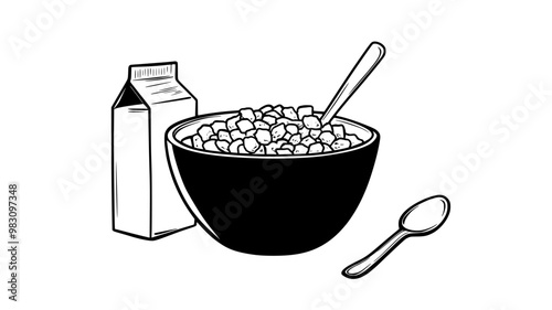 Bowl of cold cereals next to an unopened milk carton and spoon, food vector illustration