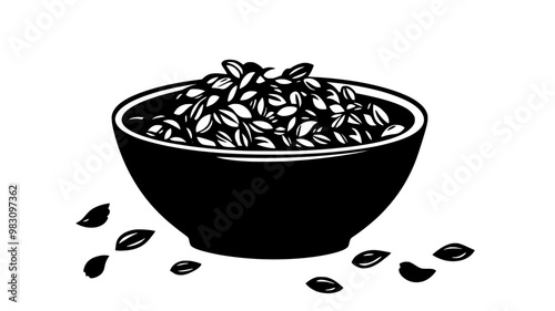 Bowl filled with granola, with granola scattered on a clean tabletop, food vector graphic