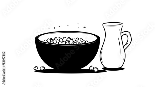 Cold cereal bowl with flakes beside a jug of milk and a spoon, food illustration vector