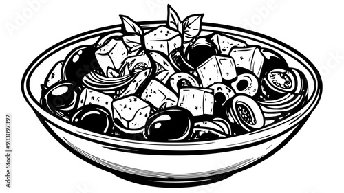 Greek salad in a bowl with cucumbers, tomatoes, red onions, olives, and crumbled feta cheese, food illustration vector