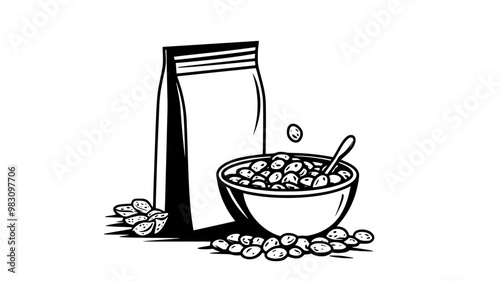 Cereal box standing next to an open bowl of cereals and a small pile of cereal, food illustration vector